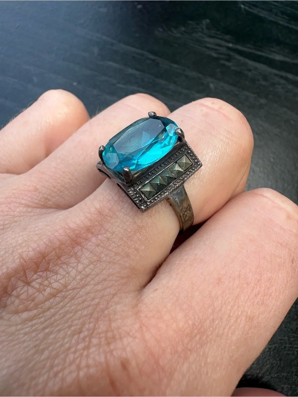 Sterling Silver Statement Ring with Blue Gemstone - Size 7.5